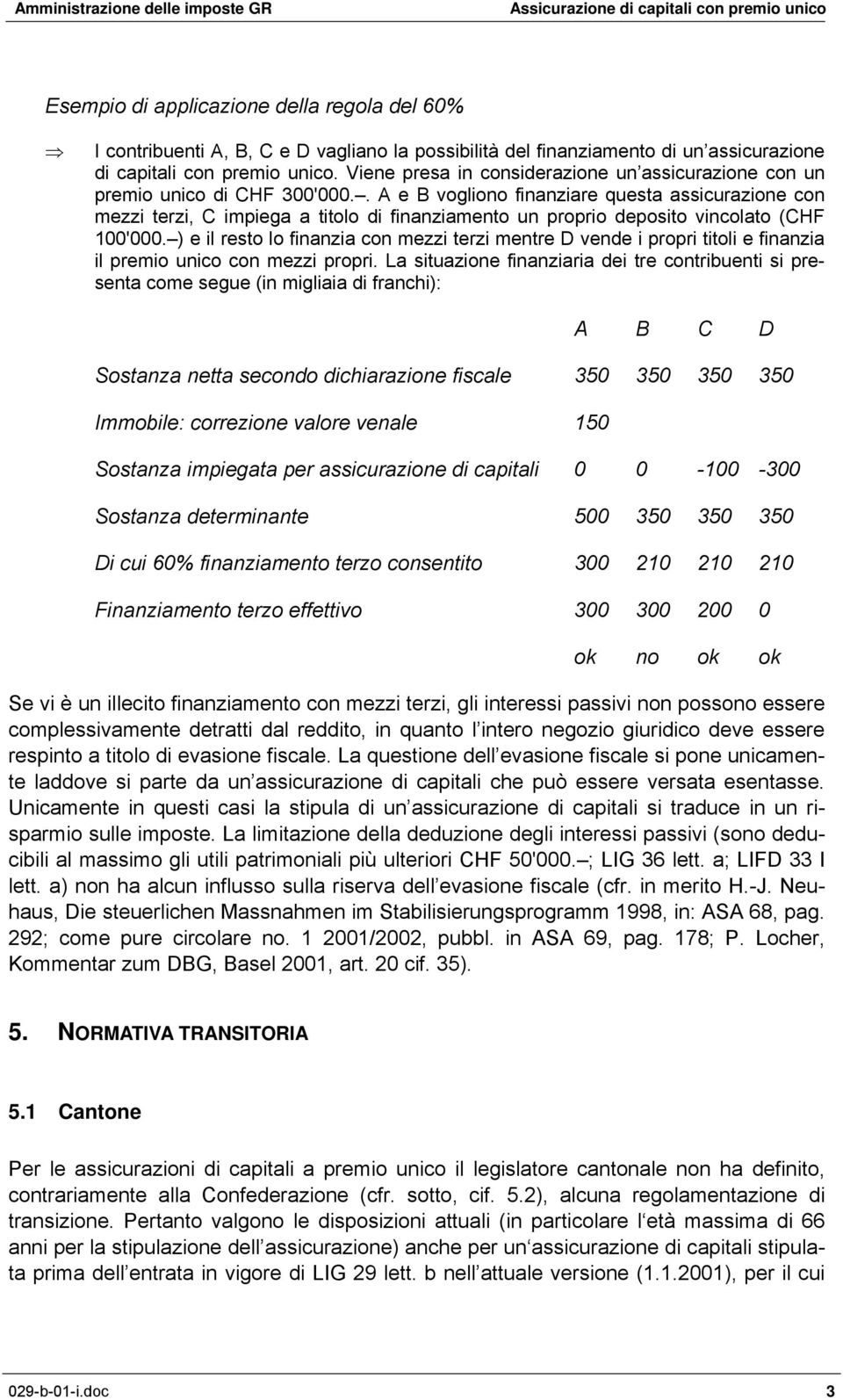 . A e B vogliono finanziare questa assicurazione con mezzi terzi, C impiega a titolo di finanziamento un proprio deposito vincolato (CHF 100'000.