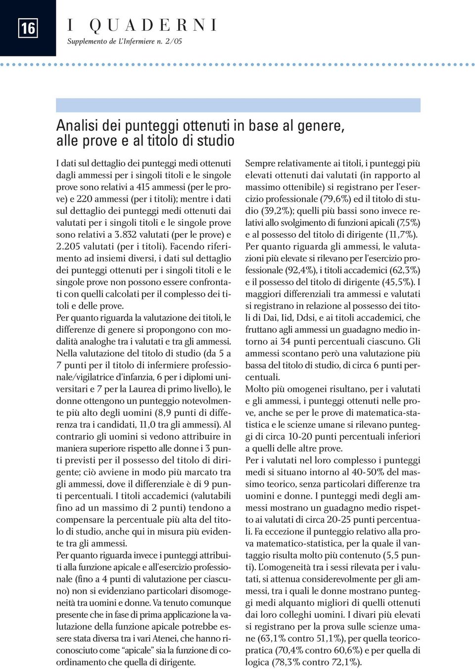 relativi a 415 ammessi (per le prove) e 220 ammessi (per i titoli); mentre i dati sul dettaglio dei punteggi medi ottenuti dai valutati per i singoli titoli e le singole prove sono relativi a 3.