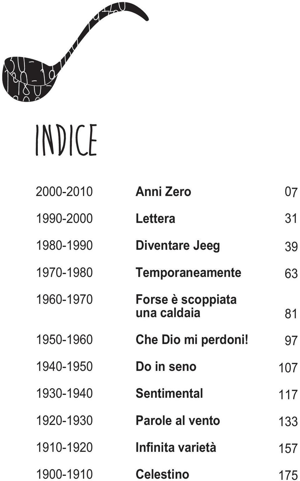 Lettera 31 1980-1990 Diventare Jeeg 39 1970-1980 Temporaneamente 63 1960-1970 Forse è scoppiata una caldaia 81 1950-1960 Che Dio mi