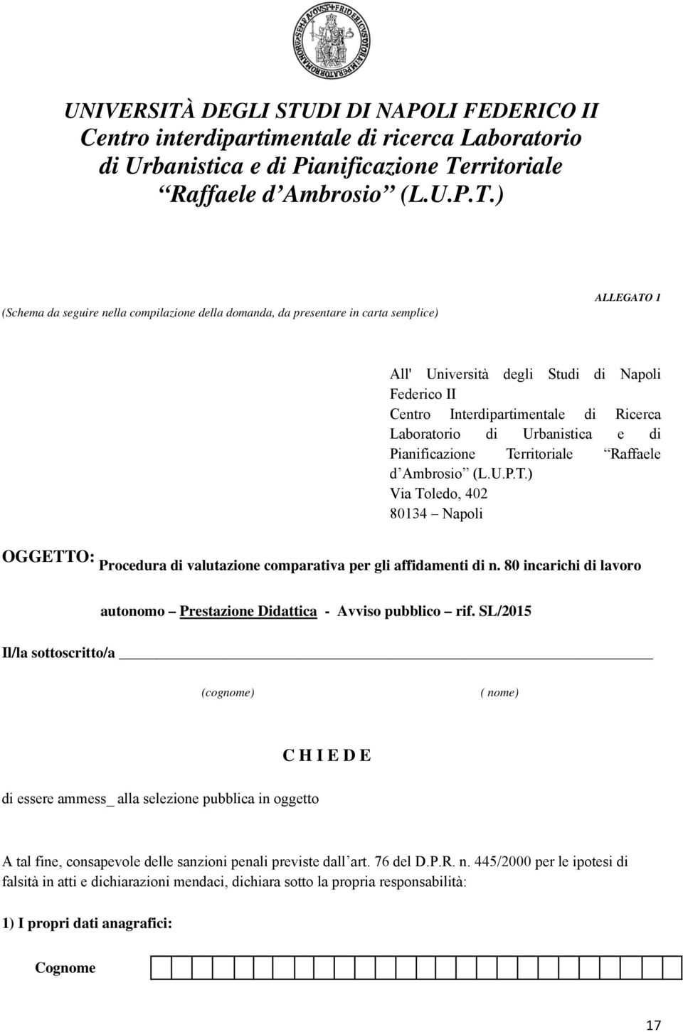 80 incarichi di lavoro autonomo Prestazione Didattica - Avviso pubblico rif.