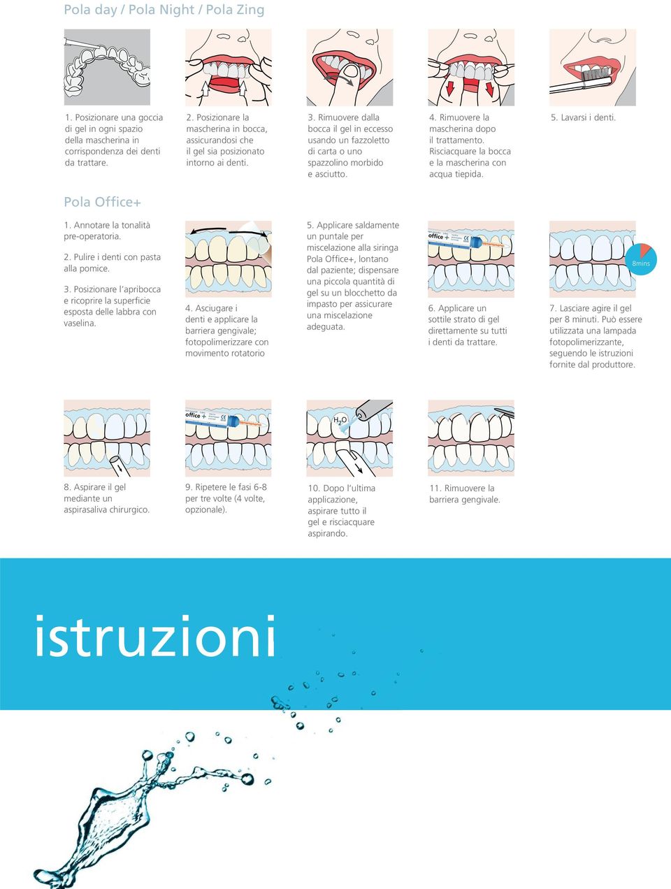 Risciacquare la bocca e la mascherina con acqua tiepida. 5. Lavarsi i denti. Pola Office+ 1. Annotare la tonalità pre-operatoria. 2. Pulire i denti con pasta alla pomice. 3.