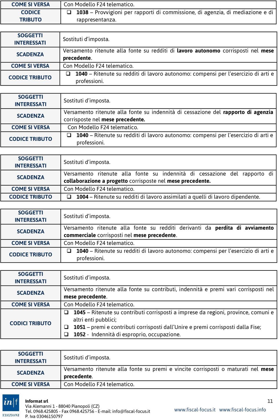 Sostituti d imposta. Versamento ritenute alla fonte su indennità di cessazione del rapporto di agenzia corrisposte nel mese precedente.