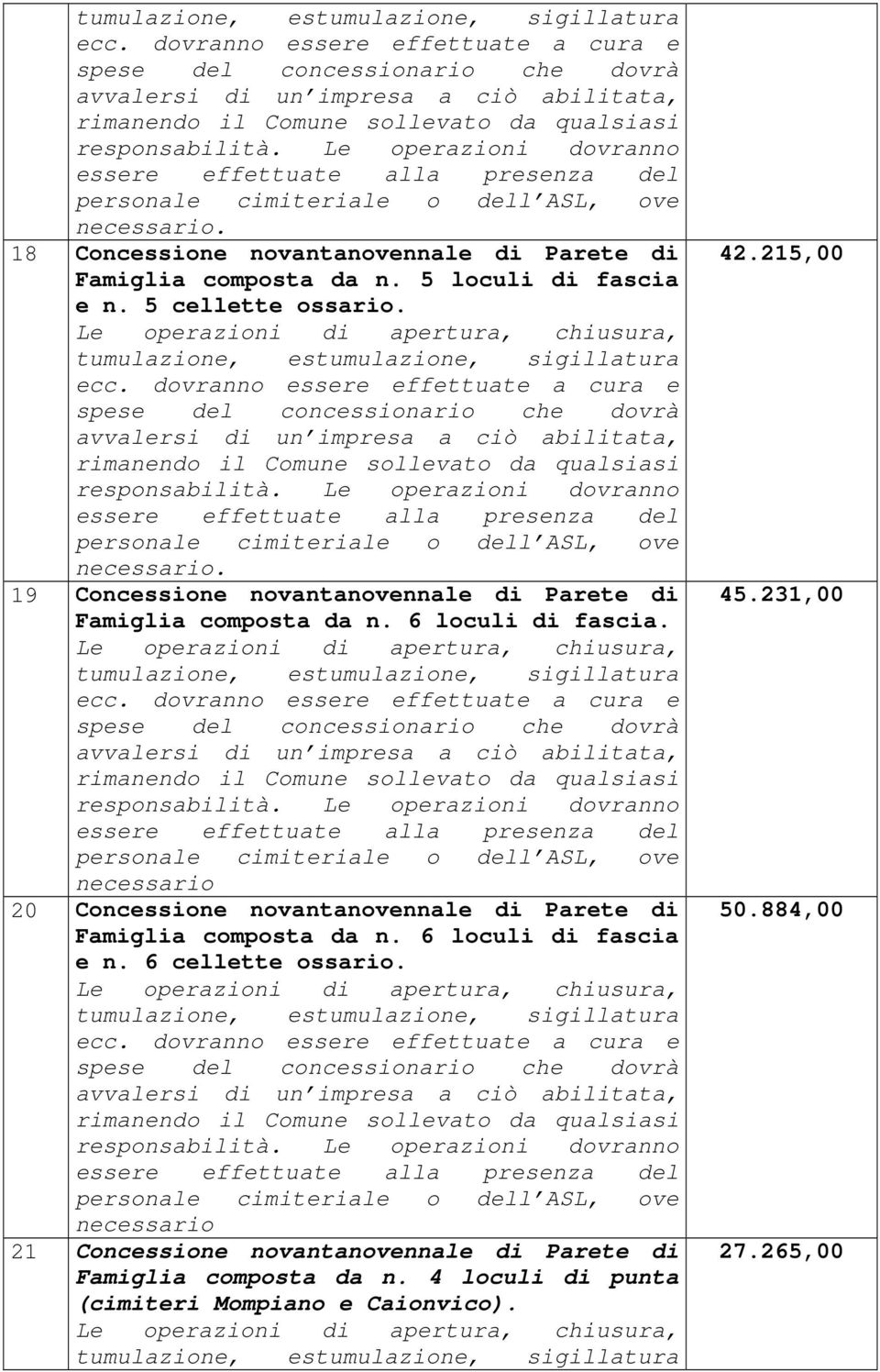 20 Concessione novantanovennale di Parete di Famiglia composta da n. 6 loculi di fascia e n. 6 cellette ossario.