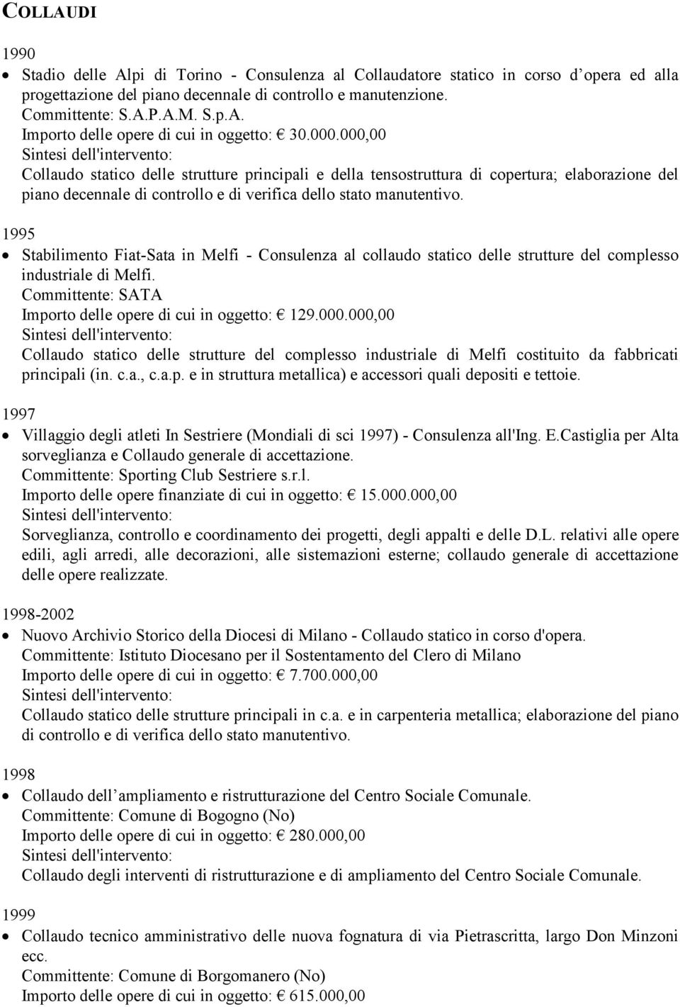 1995 Stabilimento Fiat-Sata in Melfi - Consulenza al collaudo statico delle strutture del complesso industriale di Melfi. Committente: SATA Importo delle opere di cui in oggetto: 129.000.