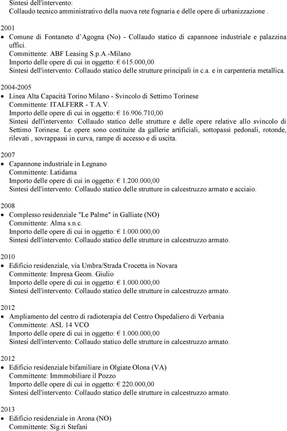 2004-2005 Linea Alta Capacità Torino Milano - Svincolo di Settimo Torinese Committente: ITALFERR - T.A.V. Importo delle opere di cui in oggetto: 16.906.