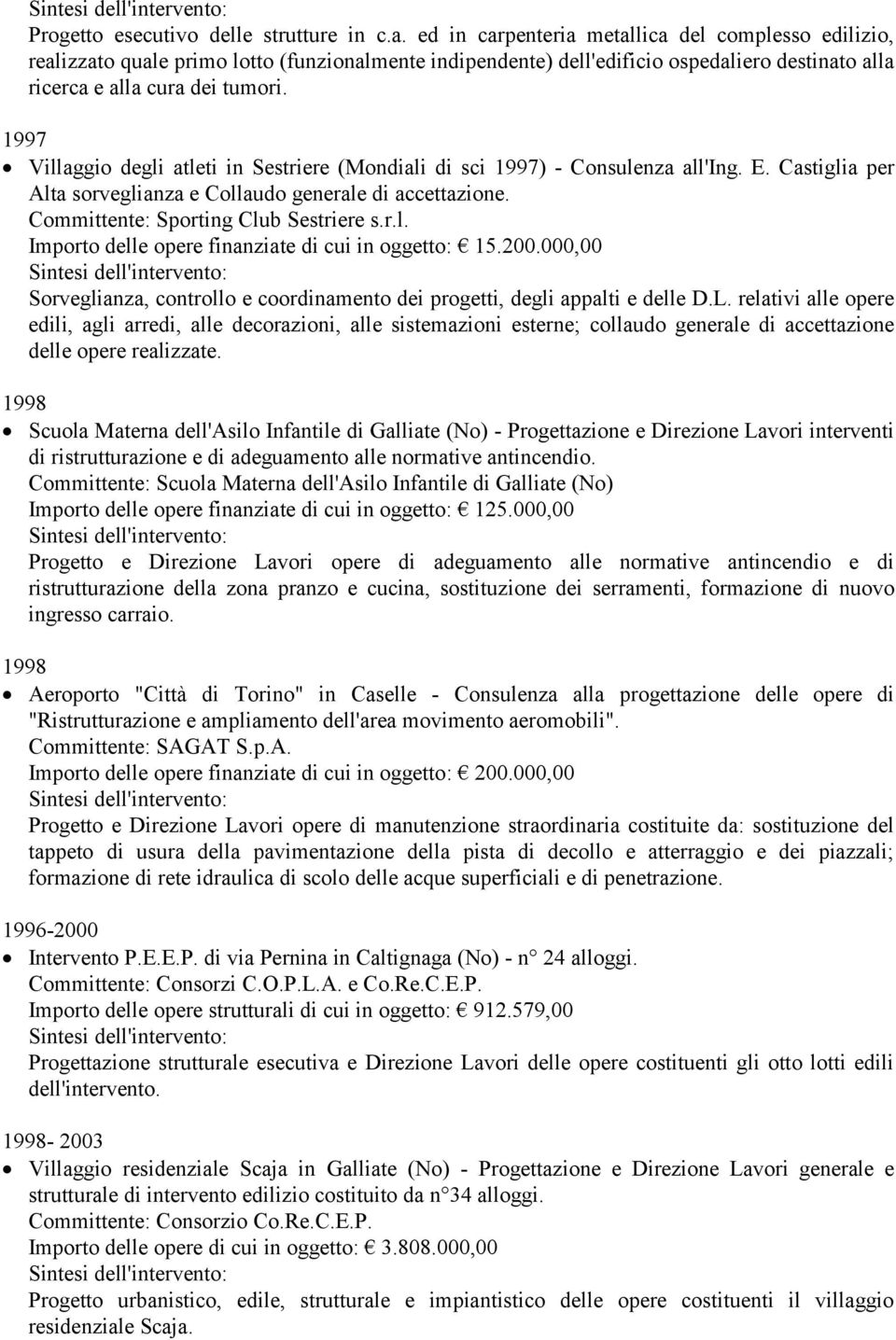 1997 Villaggio degli atleti in Sestriere (Mondiali di sci 1997) - Consulenza all'ing. E. Castiglia per Alta sorveglianza e Collaudo generale di accettazione. Committente: Sporting Club Sestriere s.r.l. Importo delle opere finanziate di cui in oggetto: 15.