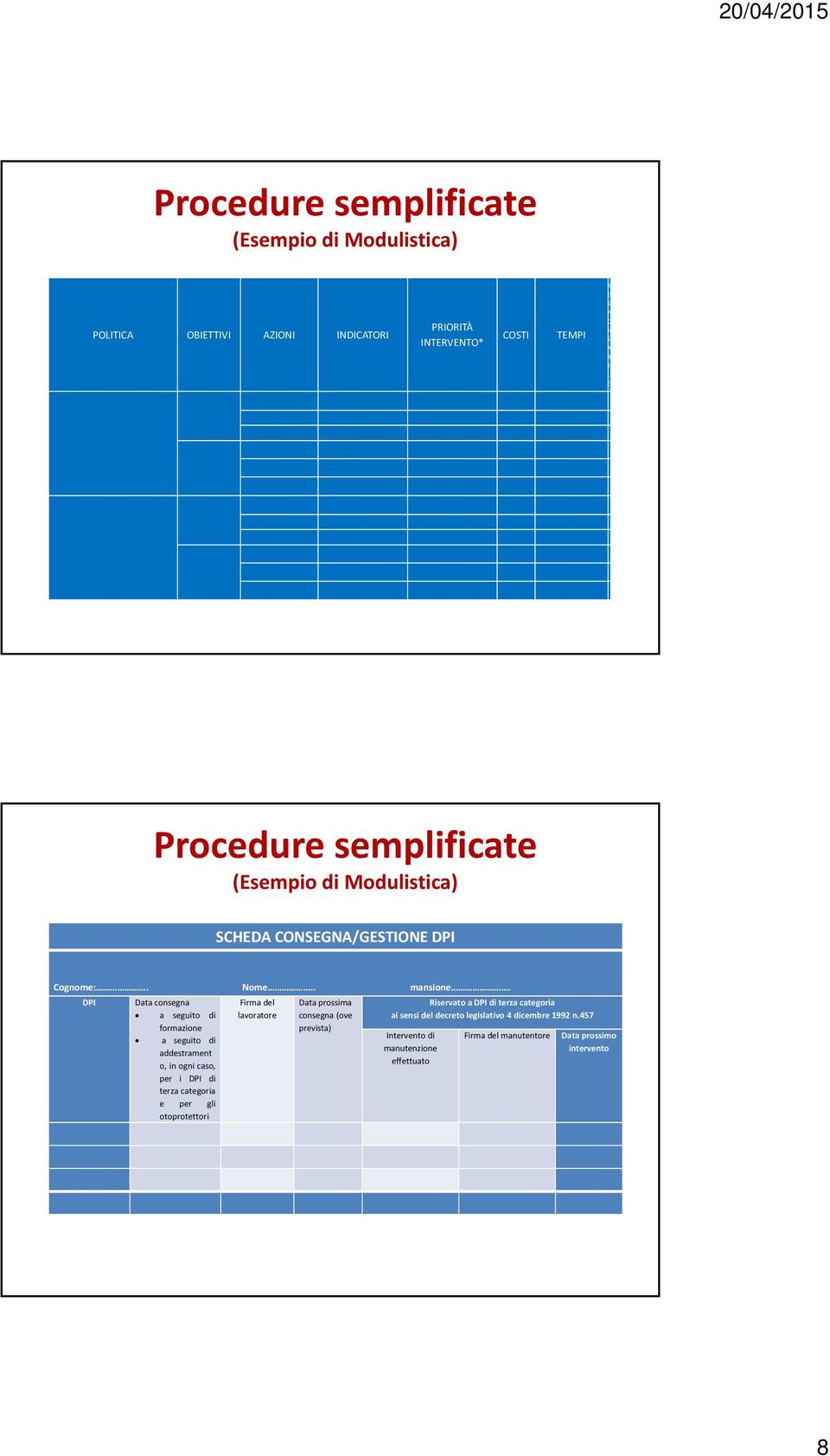 DPI Data consegna a seguito di formazione a seguito di addestrament o, in ogni caso, per i DPI di terza categoria e per gli otoprotettori Firma del