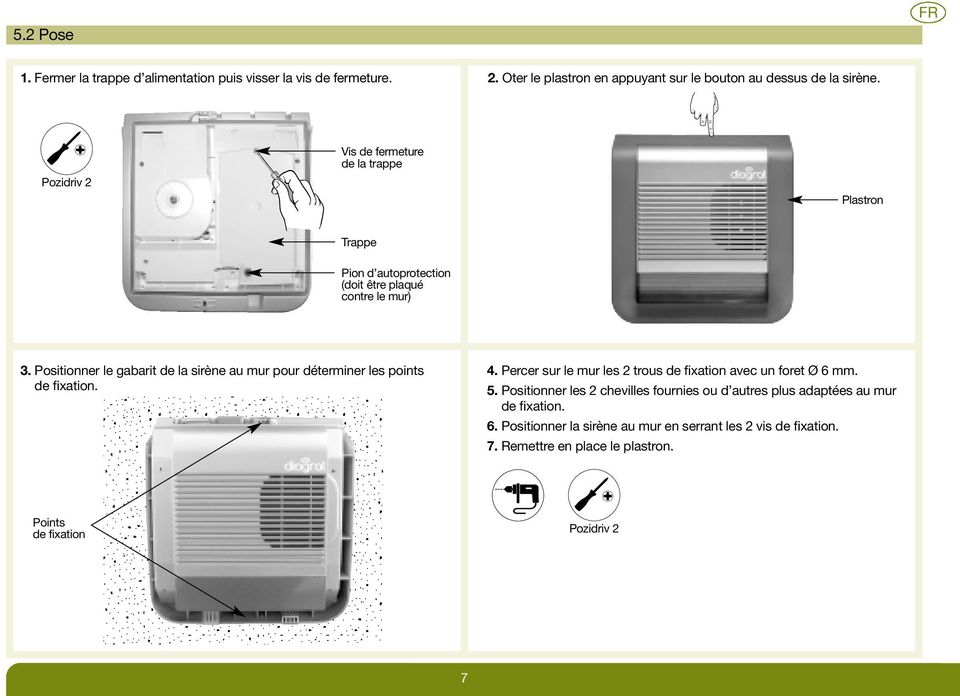 contre le mur) 3. Positionner le gabarit de la sirène au mur pour déterminer les points 4. Percer sur le mur les 2 trous de fixation avec un foret Ø 6 mm.