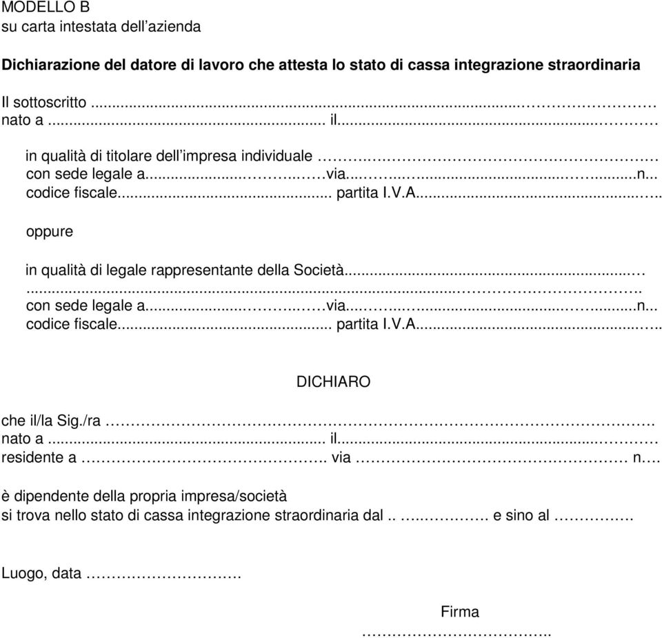 .... oppure in qualità di legale rappresentante della Società....... con sede legale a..... via............n... codice fiscale... partita I.V.A.