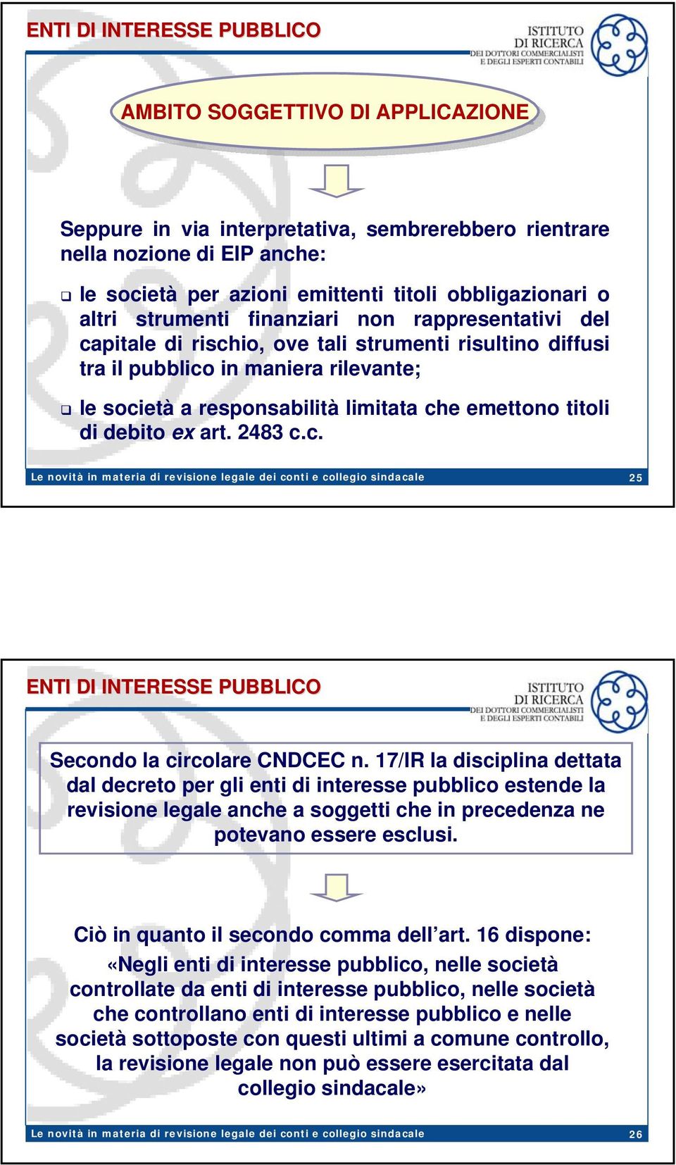 titoli di debito ex art. 2483 c.c. 25 ENTI DI INTERESSE PUBBLICO Secondo la circolare CNDCEC n.