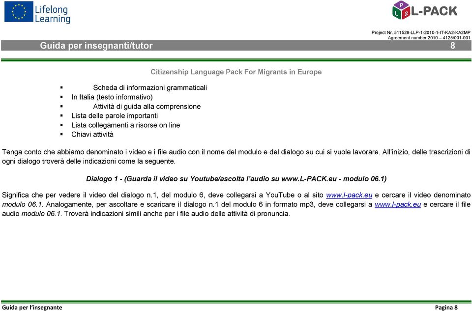 All inizio, delle trascrizioni di ogni dialogo troverà delle indicazioni come la seguente. Dialogo 1 - (Guarda il video su Youtube/ascolta l audio su www.l-pack.eu - modulo 06.