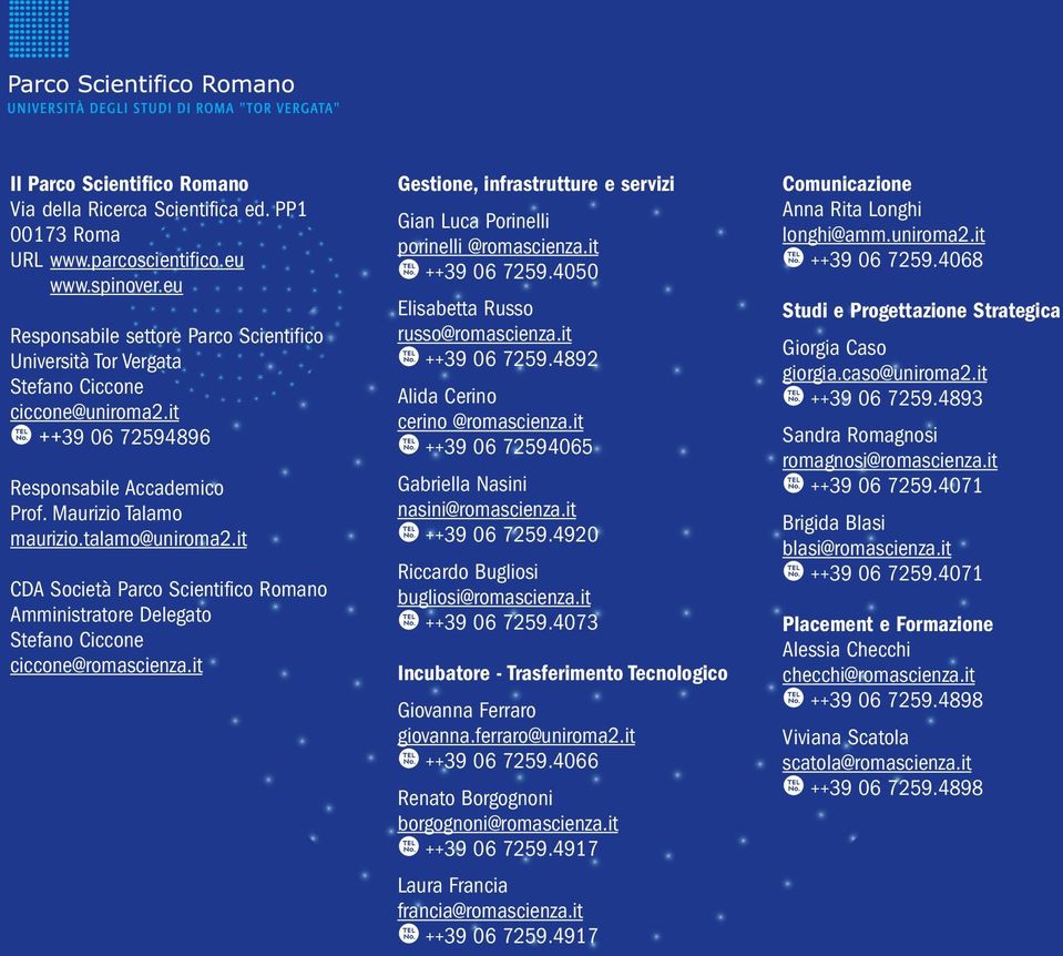 it CA Società Parco Scientifico Romano Amministratore elegato Stefano Ciccone ciccone@romascienza.it Gestione, infrastrutture e servizi Gian Luca Porinelli porinelli @romascienza.it 2 ++39 06 7259.