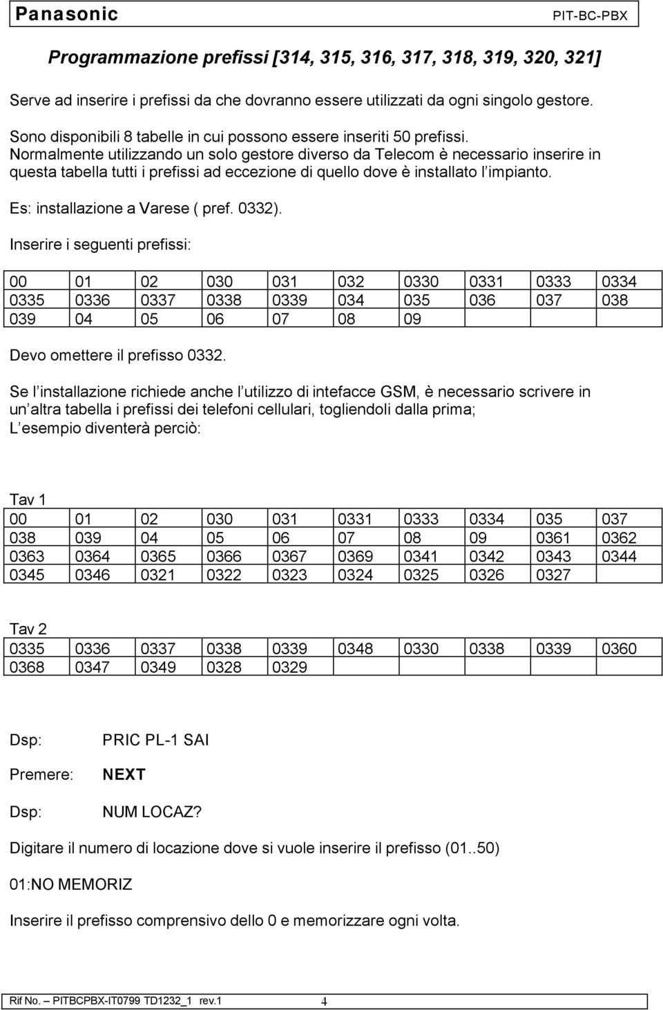 Normalmente utilizzando un solo gestore diverso da Telecom è necessario inserire in questa tabella tutti i prefissi ad eccezione di quello dove è installato l impianto.