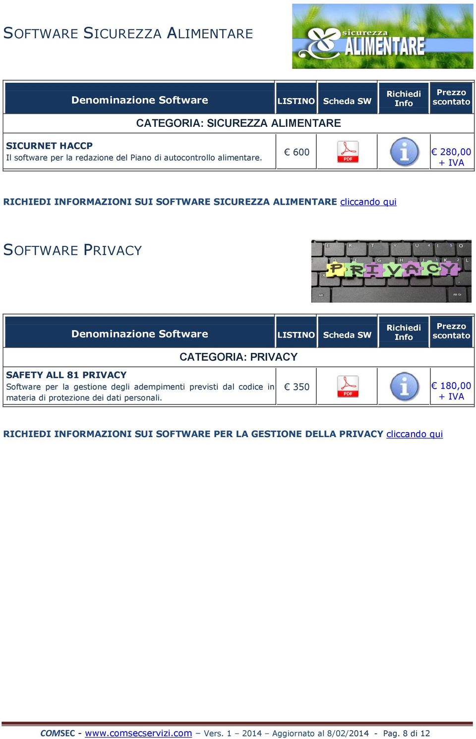 600 280,00 RICHIEDI INFORMAZIONI SUI SOFTWARE SICUREZZA ALIMENTARE cliccando qui SOFTWARE PRIVACY Denominazione Software CATEGORIA: PRIVACY SAFETY ALL