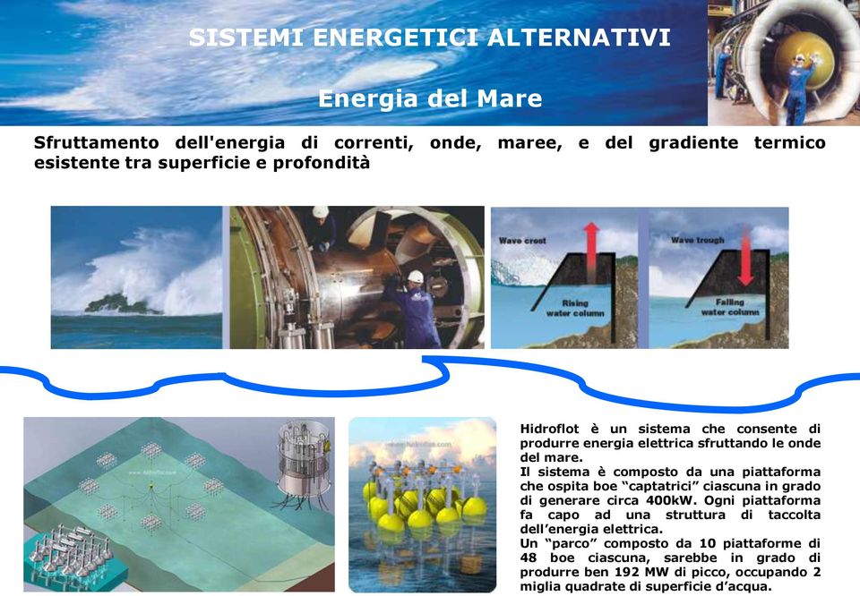 Il sistema è composto da una piattaforma che ospita boe captatrici ciascuna in grado di generare circa 400kW.