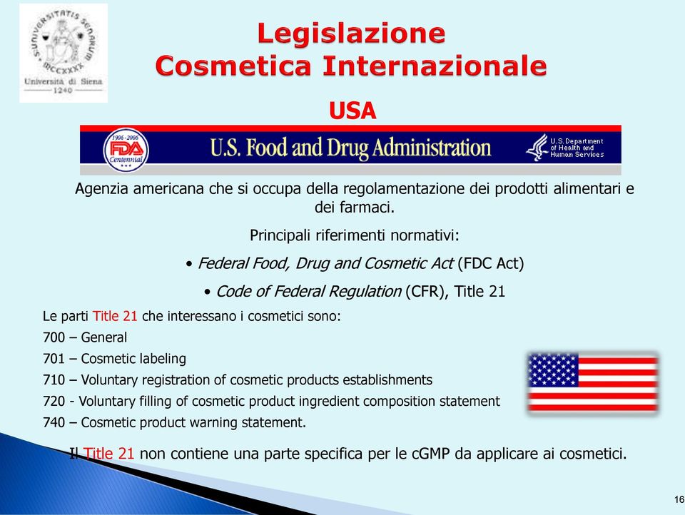 701 Cosmetic labeling Code of Federal Regulation (CFR), Title 21 710 Voluntary registration of cosmetic products establishments 720 - Voluntary