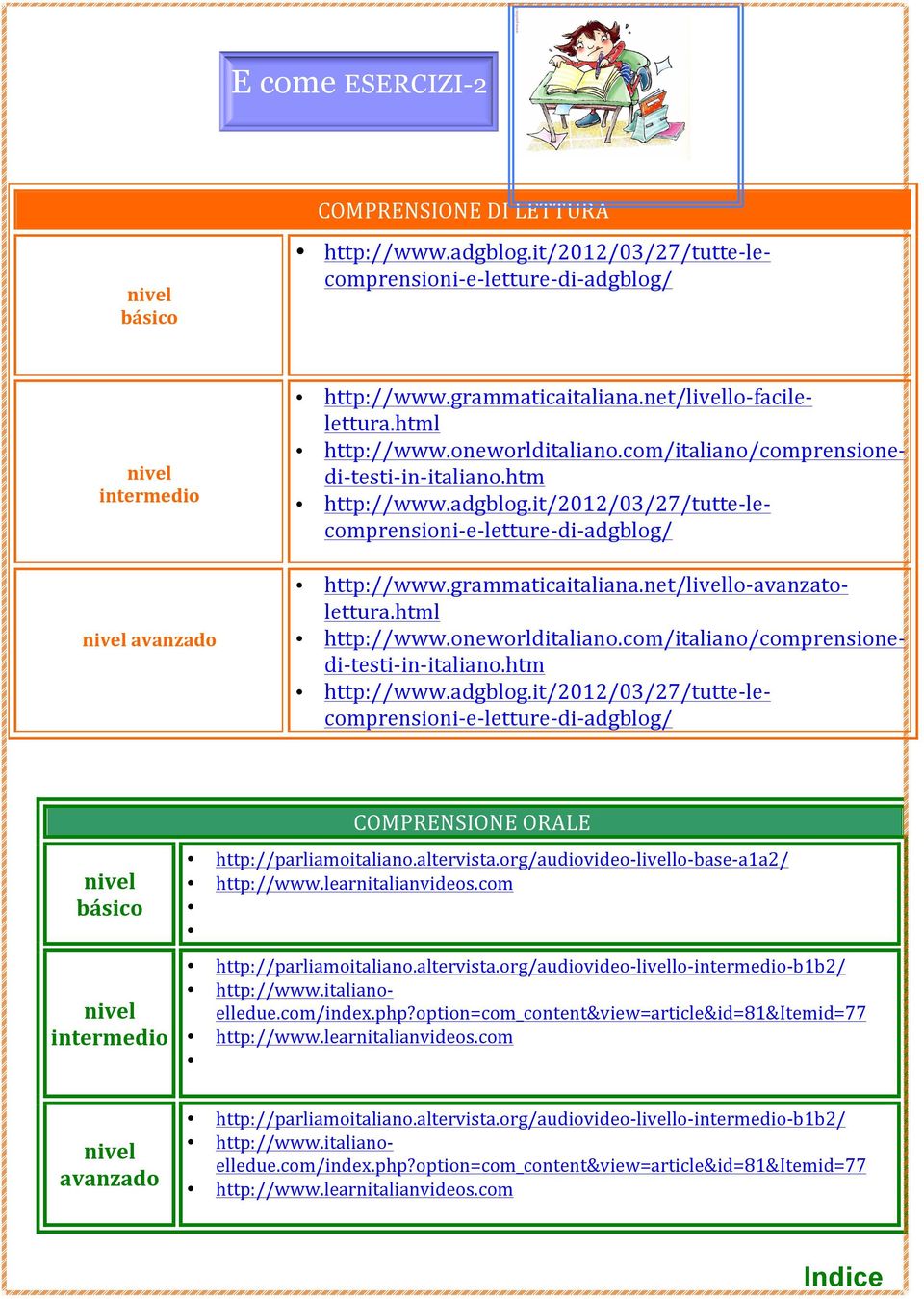 it/2012/03/27/tutte- le- comprensioni- e- letture- di- adgblog/ http://www.grammaticaitaliana.net/livello- avanzato- lettura.html http://www.oneworlditaliano.