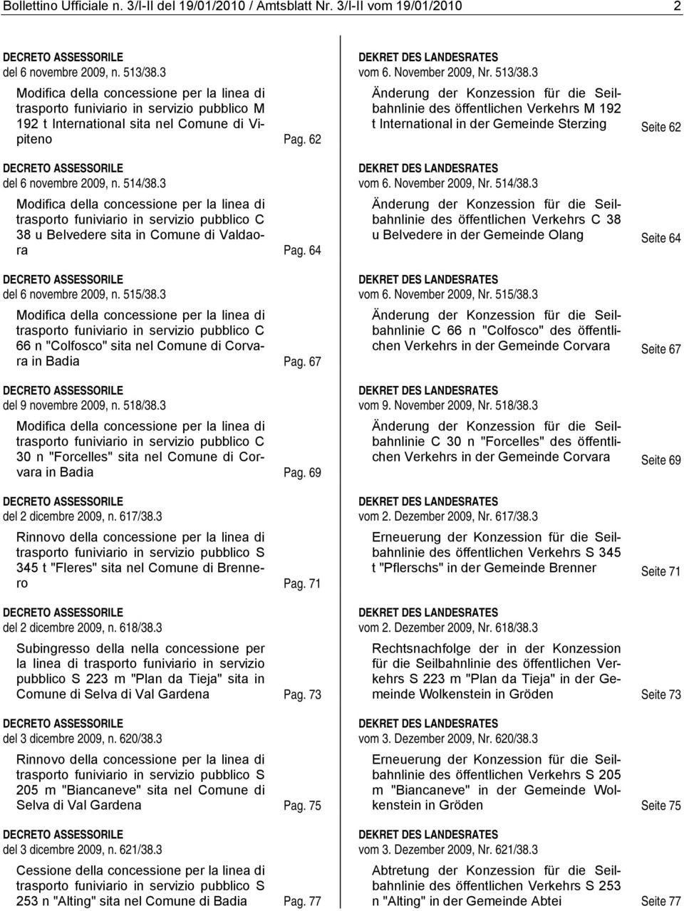 64 DECRETO ASSESSORILE del 6 novembre 2009, n. 515/38.3 Modifica della concessione per la linea di trasporto funiviario in servizio pubblico C 66 n "Colfosco" sita nel Comune di Corvara in Badia Pag.