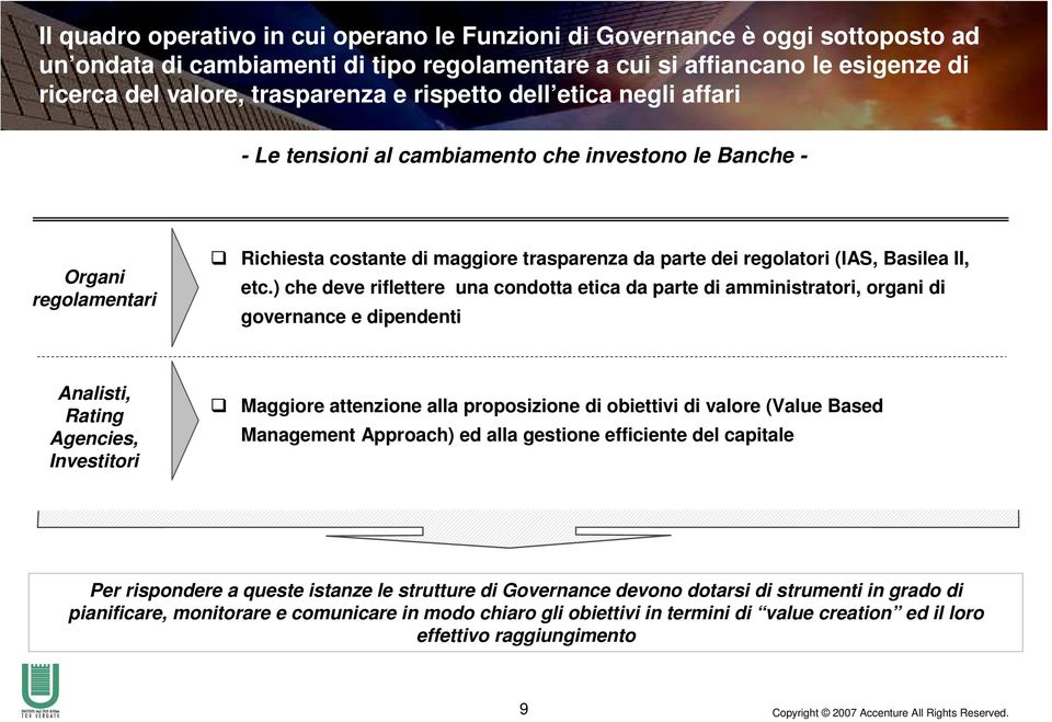 ) che deve riflettere una condotta etica da parte di amministratori, organi di governance e dipendenti Analisti, Rating Agencies, Investitori Maggiore attenzione alla proposizione di obiettivi di