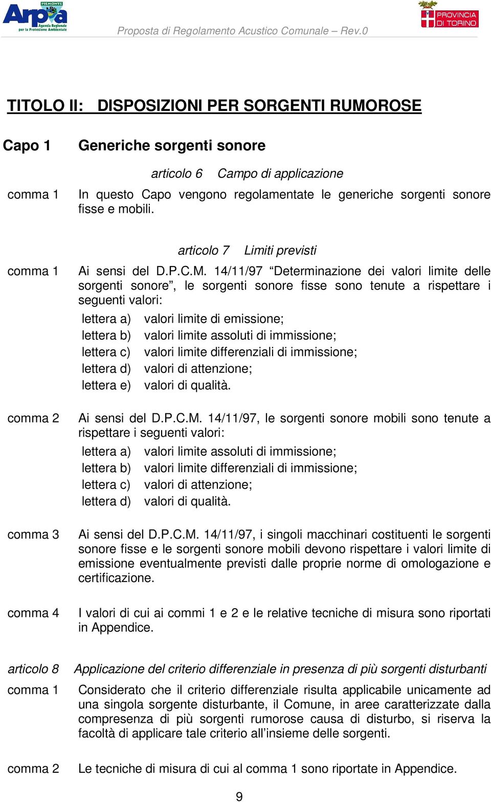 14/11/97 Determinazione dei valori limite delle sorgenti sonore, le sorgenti sonore fisse sono tenute a rispettare i seguenti valori: lettera a) valori limite di emissione; lettera b) valori limite