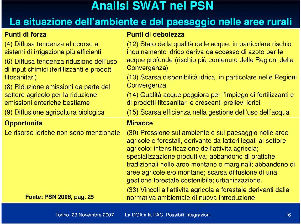 della qualità delle acque, in particolare rischio inquinamento idrico deriva da eccesso di azoto per le acque profonde (rischio più contenuto delle Regioni della Convergenza) (13) Scarsa