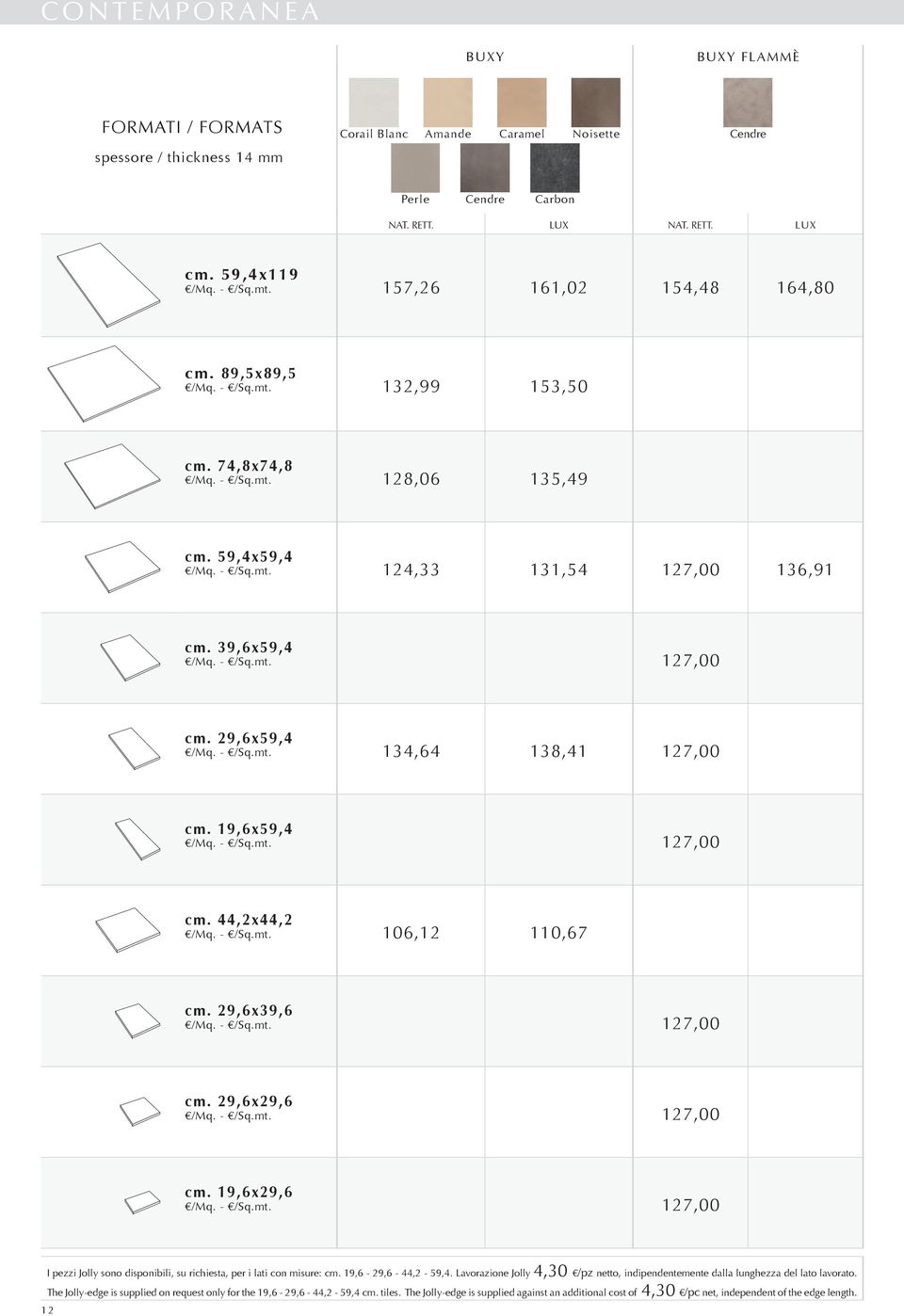 19,6x59,4 127,00 cm. 44,2x44,2 106,12 110,67 cm. 29,6x39,6 127,00 cm. 29,6x29,6 127,00 cm. 19,6x29,6 127,00 I pezzi Jolly sono disponibili, su richiesta, per i lati con misure: cm.