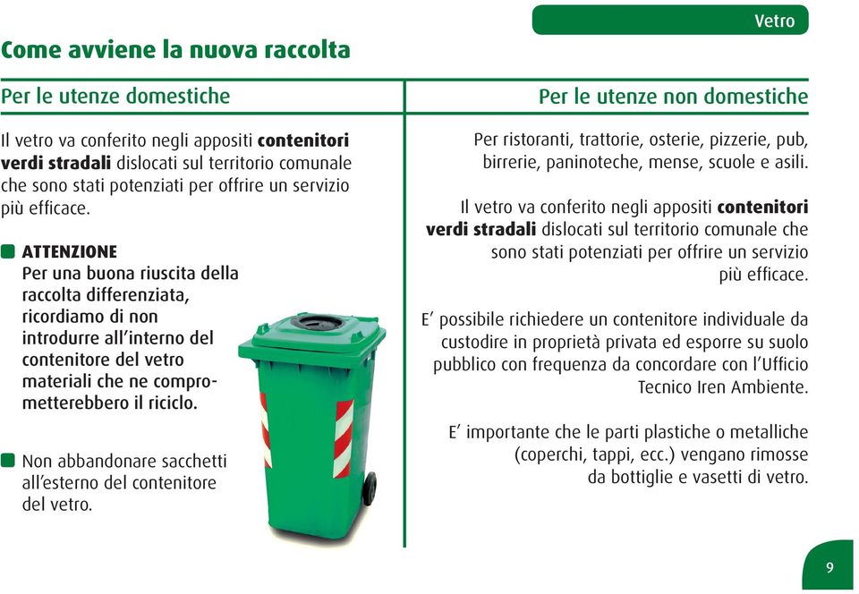 ATTENZIONE Per una buona riuscita della raccolta differenziata, ricordiamo di non introdurre all interno del contenitore del vetro materiali che ne comprometterebbero il riciclo.