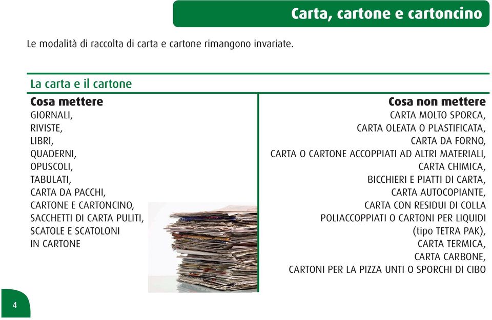 SCATOLE E SCATOLONI IN CARTONE Cosa non mettere CARTA MOLTO SPORCA, CARTA OLEATA O PLASTIFICATA, CARTA DA FORNO, CARTA O CARTONE ACCOPPIATI AD ALTRI