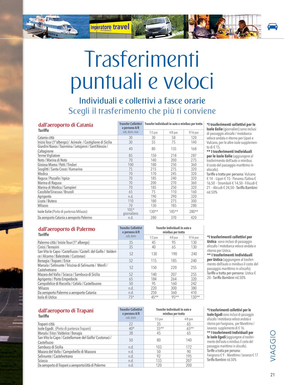 Taormina / Letojanni / Sant Alessio / 40 80 135 168 Caltagirone Terme Vigliatore 85 150 218 287 Noto / Marina di Noto 70 140 200 275 Gioiosa Marea / Patti / Tindari 100 180 250 360 Scoglitti / Santa