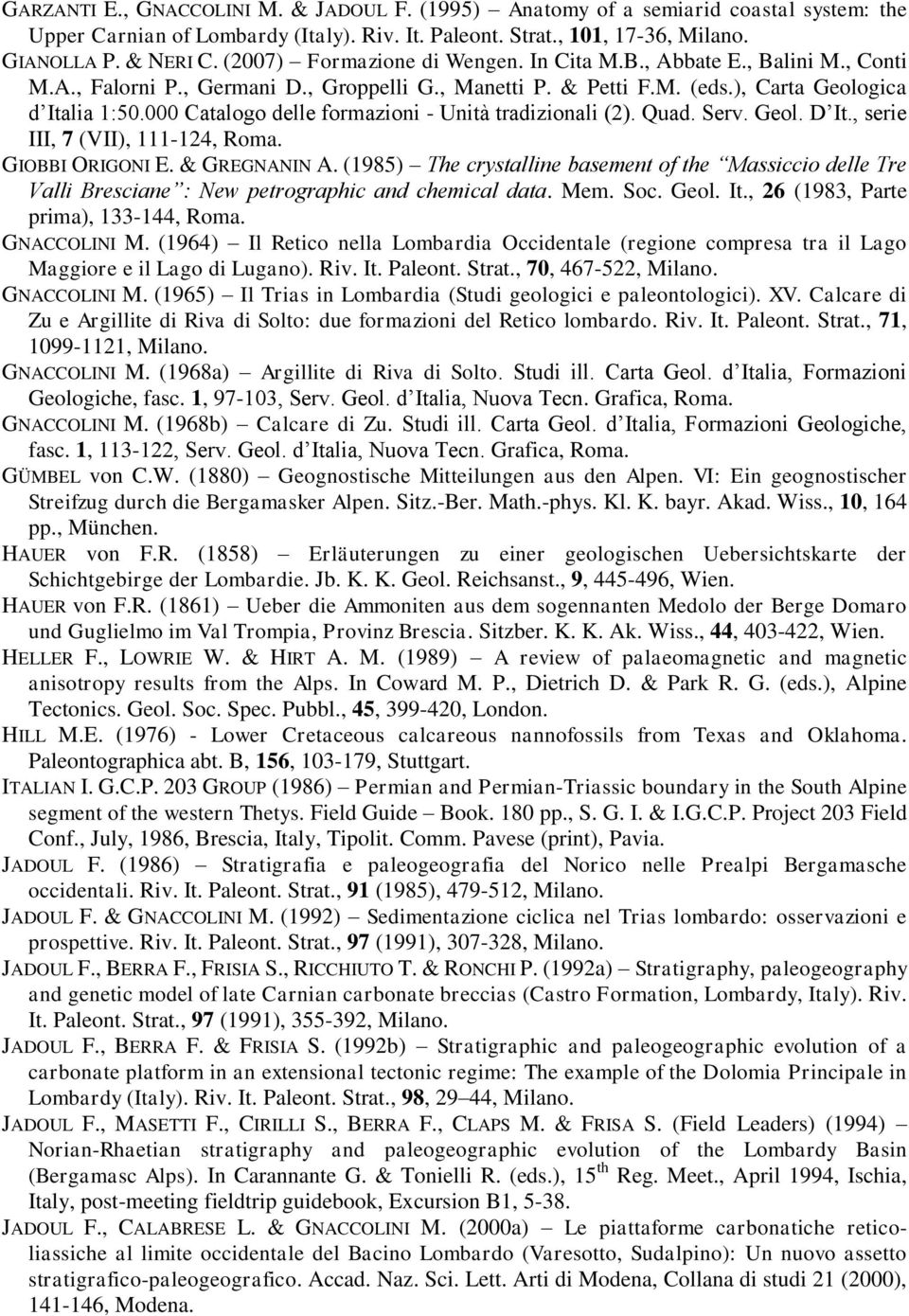 000 Catalogo delle formazioni - Unità tradizionali (2). Quad. Serv. Geol. D It., serie III, 7 (VII), 111-124, Roma. GIOBBI ORIGONI E. & GREGNANIN A.