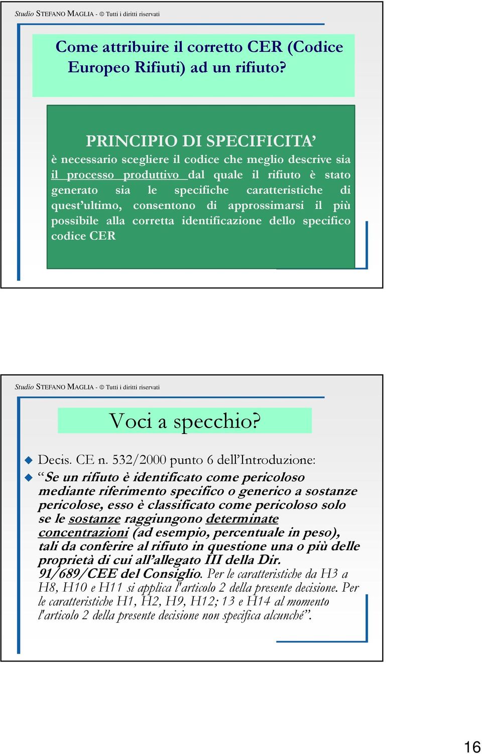 consentono di approssimarsi il più possibile alla corretta identificazione dello specifico codice CER Voci a specchio? Decis. CE n.