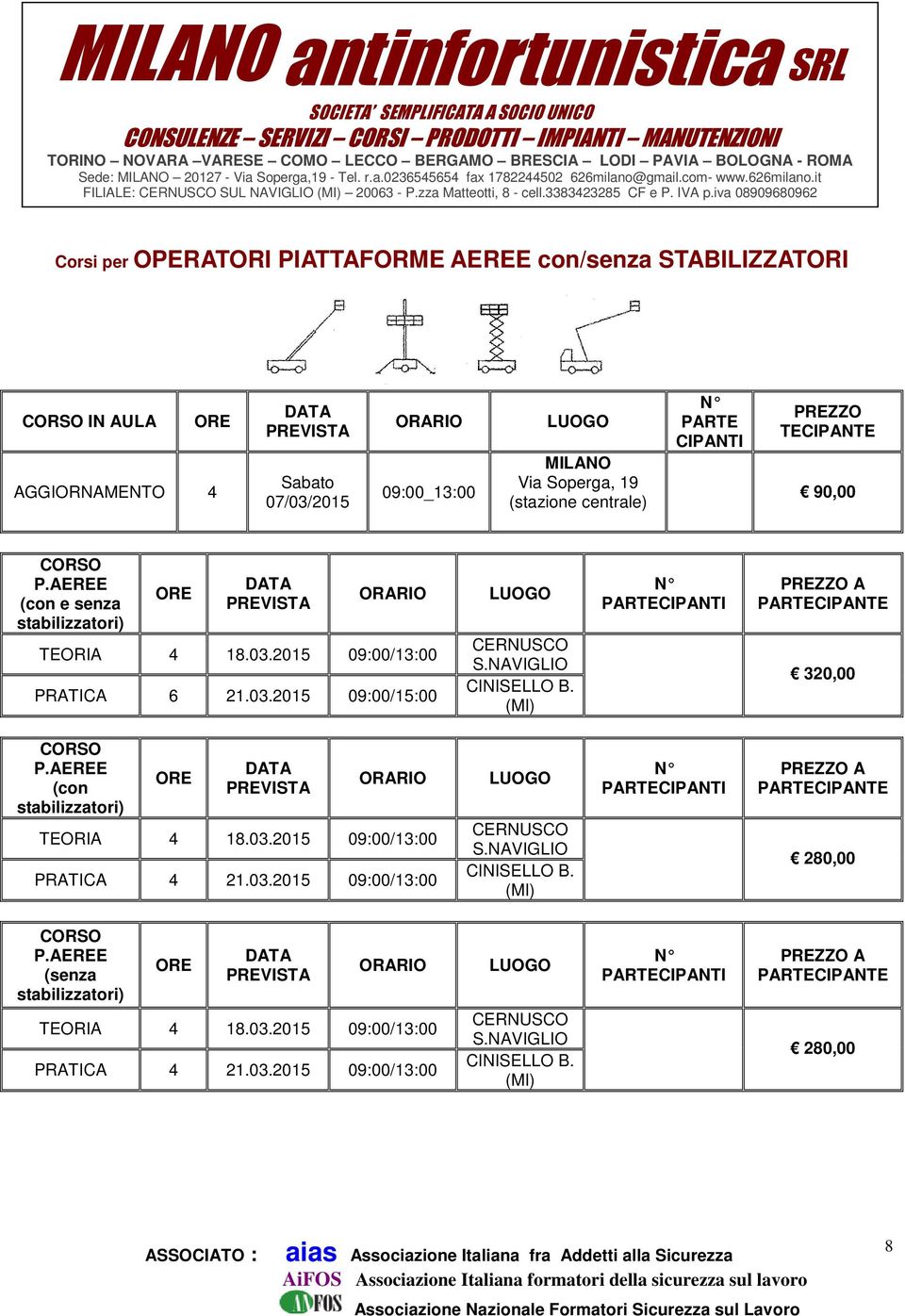 NAVIGLIO CINISELLO B. 320,00 P.AEREE (con stabilizzatori) TEORIA 4 1.03.2015 09:00/13:00 PRATICA 4 21.03.2015 09:00/13:00 S.