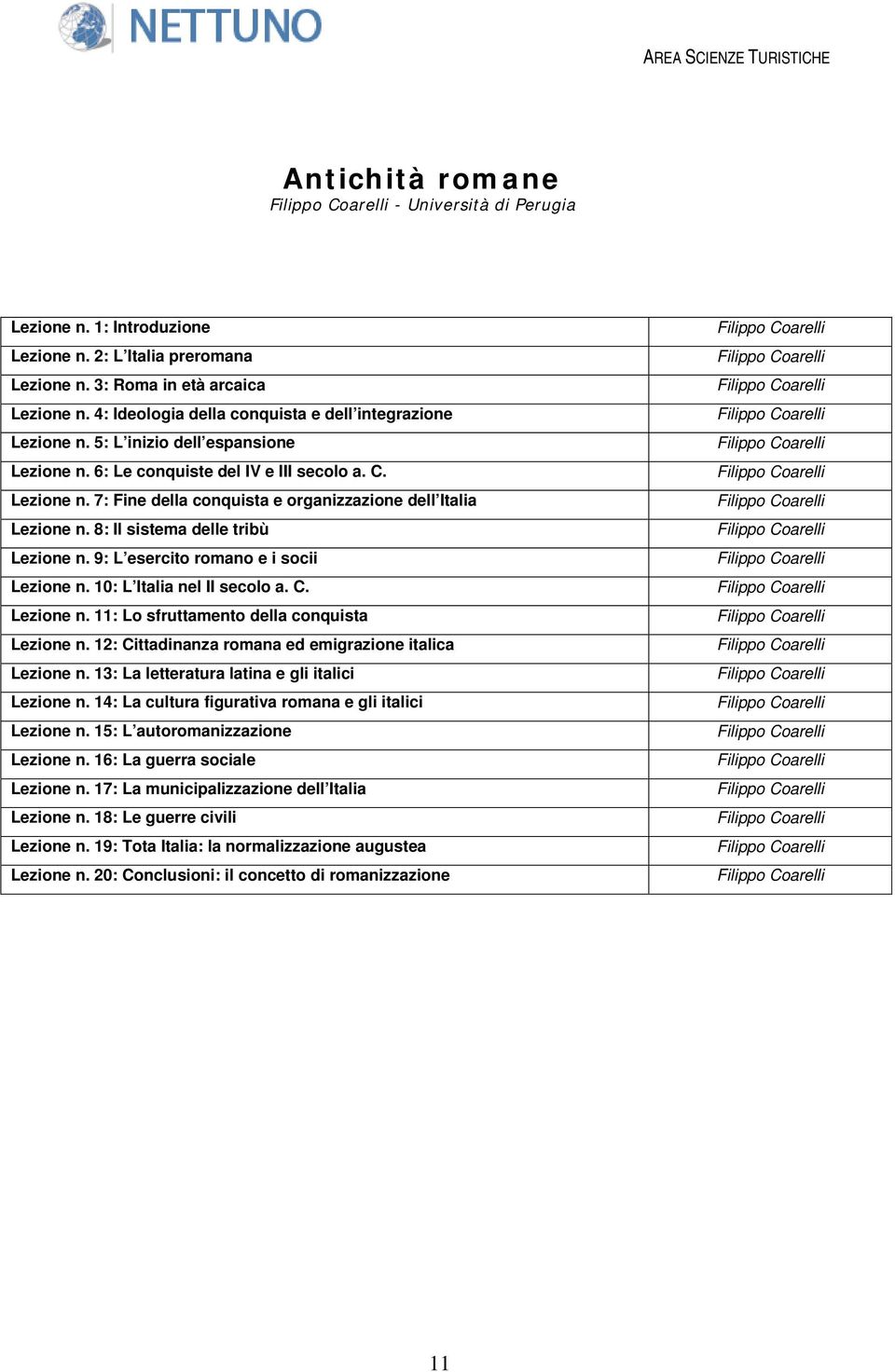 8: Il sistema delle tribù Lezione n. 9: L esercito romano e i socii Lezione n. 10: L Italia nel II secolo a. C. Lezione n. 11: Lo sfruttamento della conquista Lezione n.