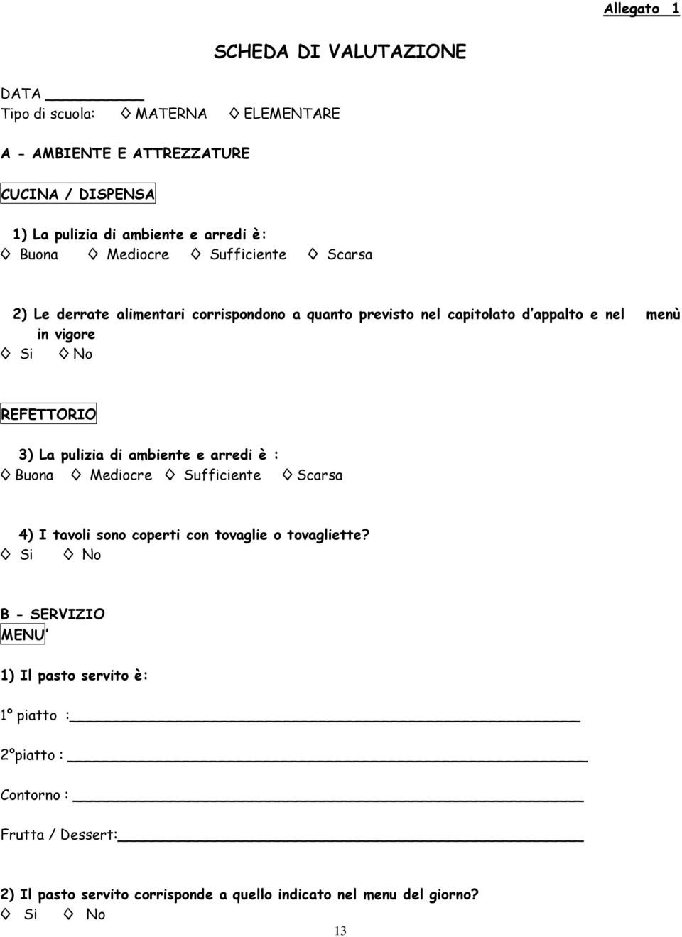 REFETTORIO 3) La pulizia di ambiente e arredi è : Buona Mediocre Sufficiente Scarsa 4) I tavoli sono coperti con tovaglie o tovagliette?