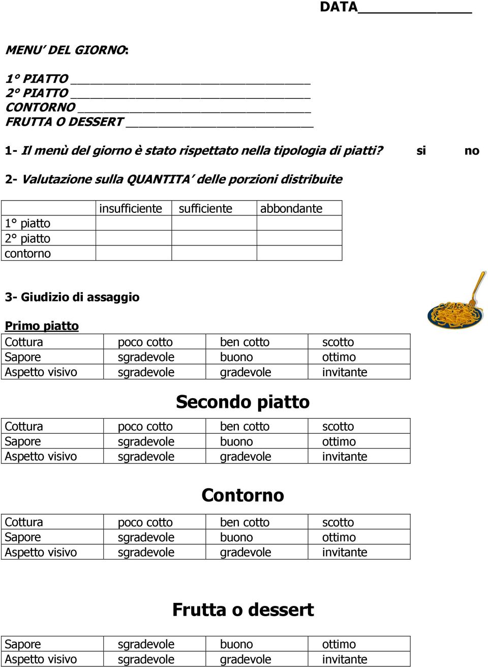 cotto scotto Sapore sgradevole buono ottimo Aspetto visivo sgradevole gradevole invitante Secondo piatto Cottura poco cotto ben cotto scotto Sapore sgradevole buono ottimo Aspetto visivo