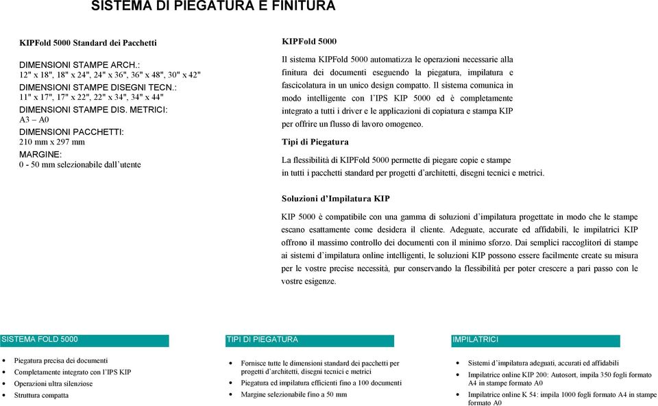 METRICI: A3 A0 DIMENSIONI PACCHETTI: 210 mm x 297 mm MARGINE: 0-50 mm selezionabile dall utente KIPFold 5000 Il sistema KIPFold 5000 automatizza le operazioni necessarie alla finitura dei documenti