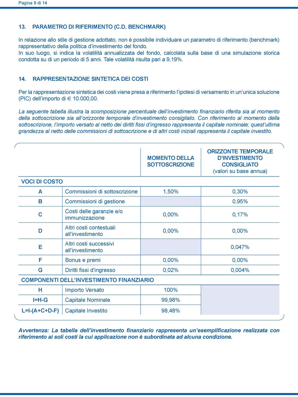 In suo luogo, si indica la volatilità annualizzata del fondo, calcolata sulla base di una simulazione storica condotta su di un periodo di 5 anni. Tale volatilità risulta pari a 9,19%. 14.