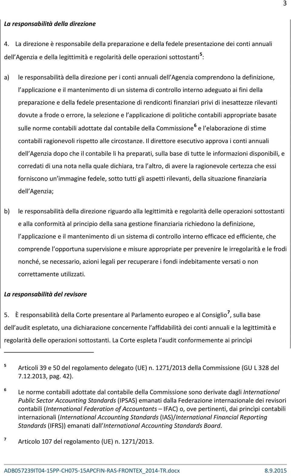 direzione per i conti annuali dell Agenzia comprendono la definizione, l applicazione e il mantenimento di un sistema di controllo interno adeguato ai fini della preparazione e della fedele