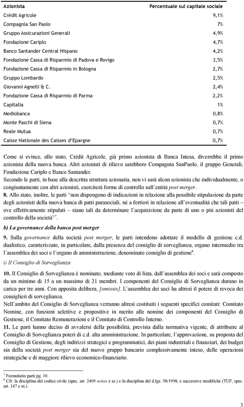 2,4% Fondazione Cassa di Risparmio di Parma 2,2% Capitalia 1% Mediobanca 0,8% Monte Paschi di Siena 0,7% Reale Mutua 0,7% Caisse Nationale des Caisses d Epargne 0,7% Come si evince, allo stato,