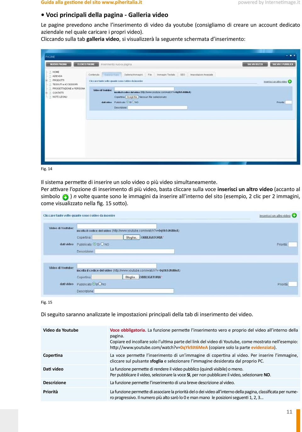 Per attivare l opzione di inserimento di più video, basta cliccare sulla voce inserisci un altro video (accanto al simbolo ) n volte quante sono le immagini da inserire all interno del sito (esempio,