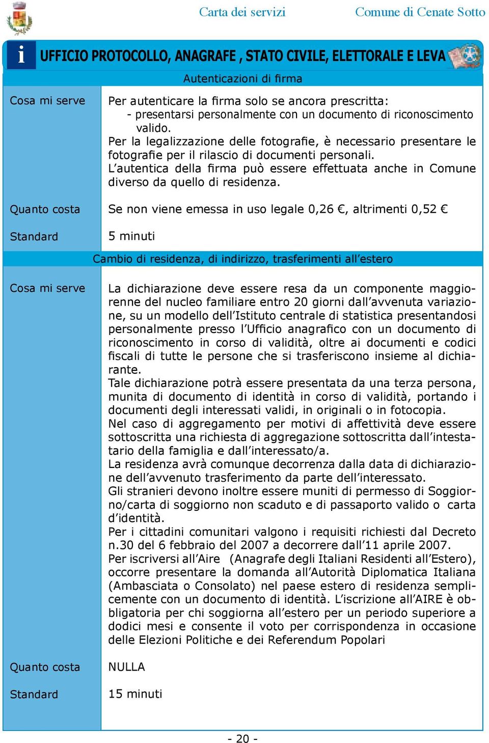 Se non vene emessa n uso legale 0,26, altrment 0,52 5 mnut Cambo d resdenza, d ndrzzo, trasferment all estero La dcharazone deve essere resa da un componente maggorenne del nucleo famlare entro 20