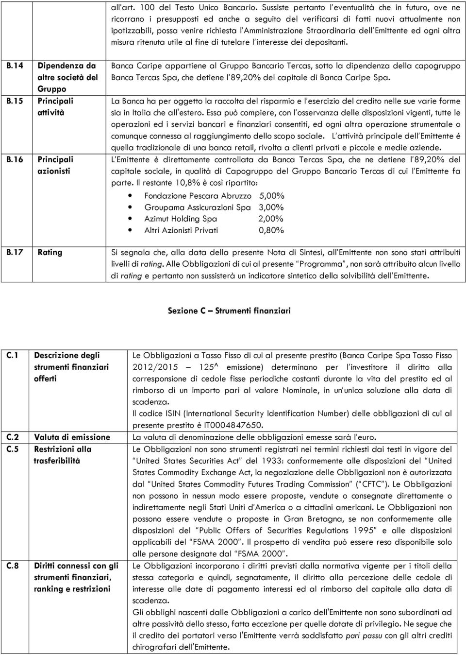 Straordinaria dell Emittente ed ogni altra misura ritenuta utile al fine di tutelare l interesse dei depositanti. B.14 Dipendenza da altre società del Gruppo B.15 Principali attività B.