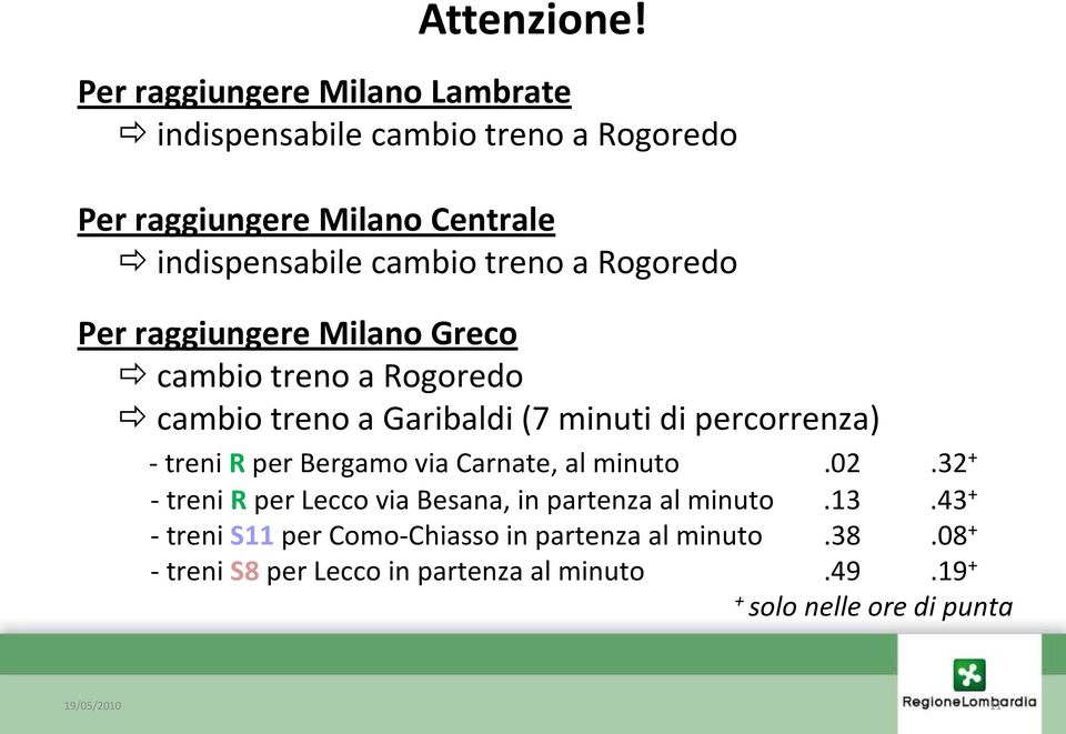 a Rogoredo Per raggiungere Milano Greco cambio treno a Rogoredo cambio treno a Garibaldi (7 minuti di percorrenza) - treni R per