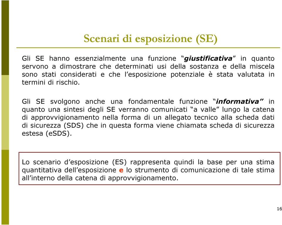 Gli SE svolgono anche una fondamentale funzione informativa in quanto una sintesi degli SE verranno comunicati a valle lungo la catena di approvvigionamento nella forma di un allegato