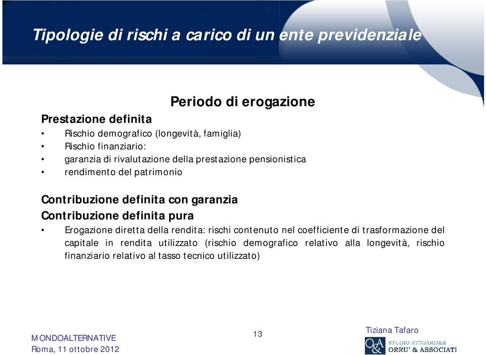 definita con garanzia Contribuzione definita pura Erogazione diretta della rendita: rischi contenuto nel coefficiente di