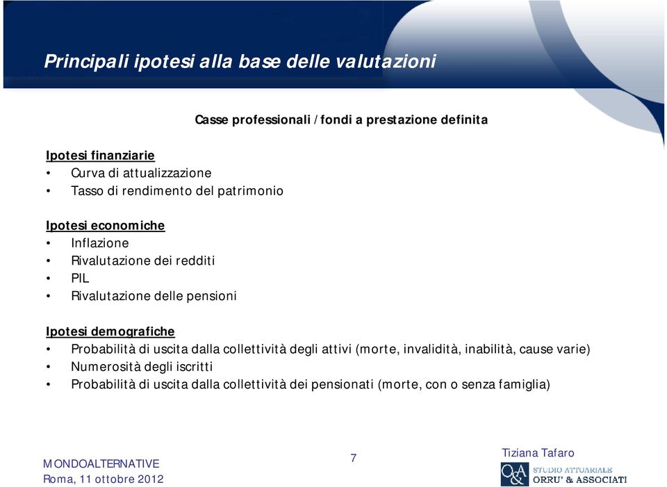 /fondi a prestazione definita Ipotesi demografiche Probabilità di uscita dalla collettivitàdegli attivi (morte, invalidità,