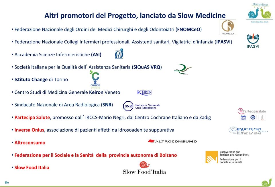 Change di Torino Centro Studi di Medicina Generale Keiron Veneto Sindacato Nazionale di Area Radiologica (SNR) Partecipa Salute, promosso dall IRCCS- Mario Negri, dal Centro Cochrane