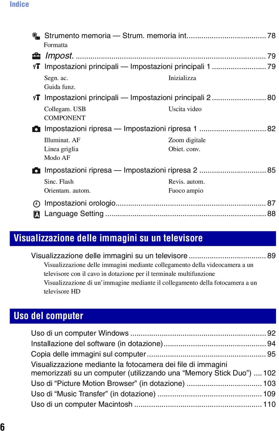 AF Linea griglia Modo AF Impostazioni ripresa Impostazioni ripresa 2... 85 Sinc. Flash Orientam. autom. Uscita video Zoom digitale Obiet. conv. Revis. autom. Fuoco ampio Impostazioni orologio.