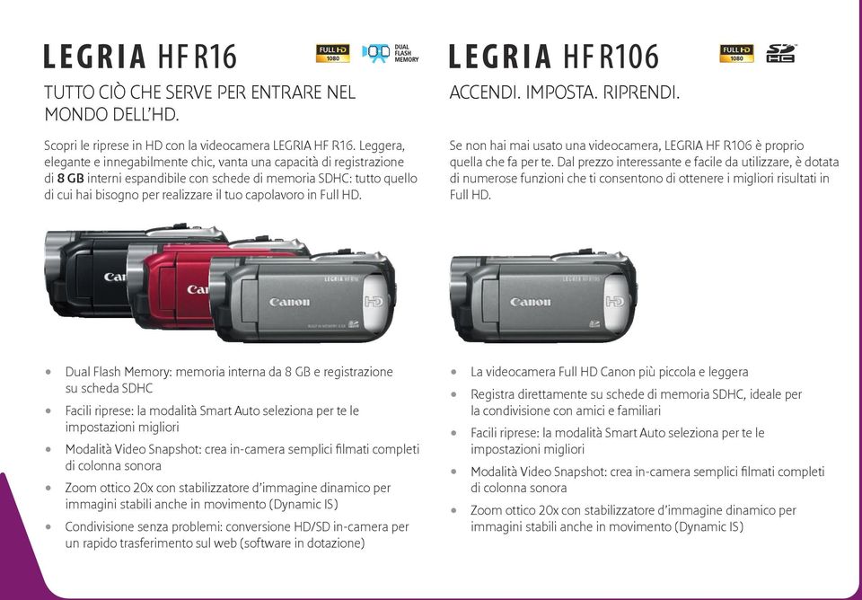 in Full HD. Accendi. Imposta. Riprendi. Se non hai mai usato una videocamera, LEGRIA HF R106 è proprio quella che fa per te.