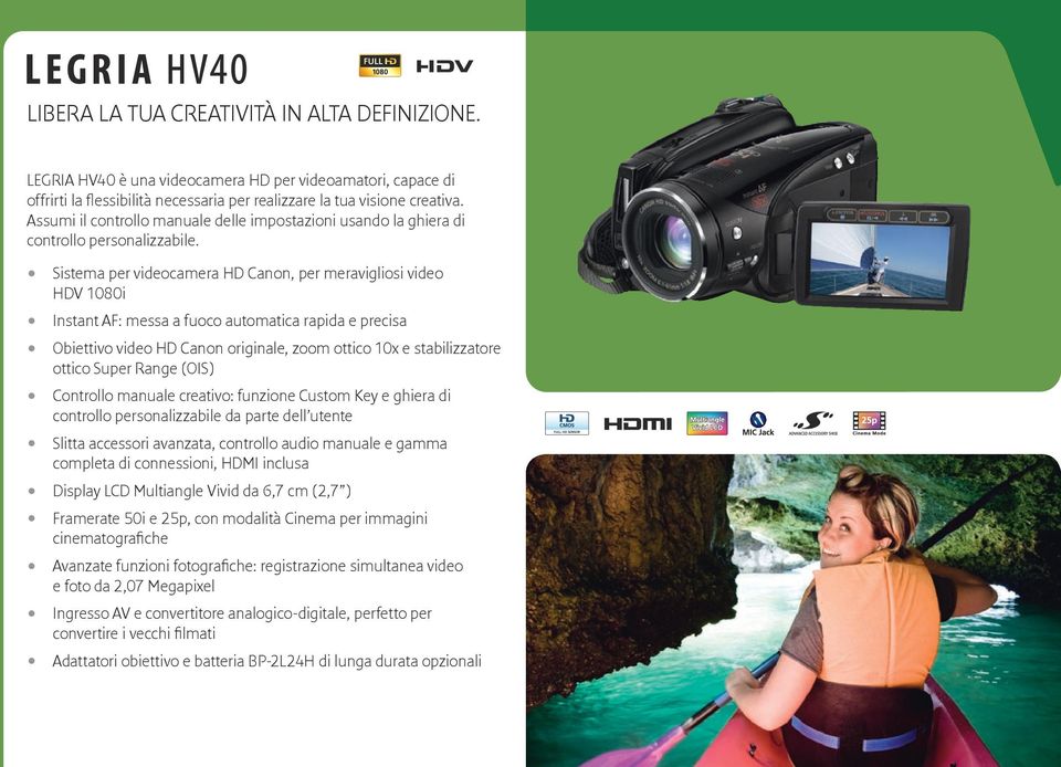 Sistema per videocamera HD Canon, per meravigliosi video HDV 1080i Instant AF: messa a fuoco automatica rapida e precisa Obiettivo video HD Canon originale, zoom ottico 10x e stabilizzatore ottico